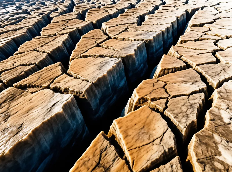 A close view of sun-baked cracked earth forms raised polygonal plates edged with cool blue shadows in the fissures