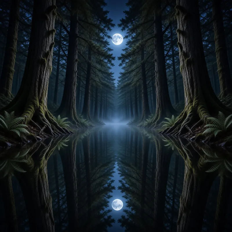 A bright moon hangs between towering mossy trunks whose perfect reflections shimmer in a still pool.