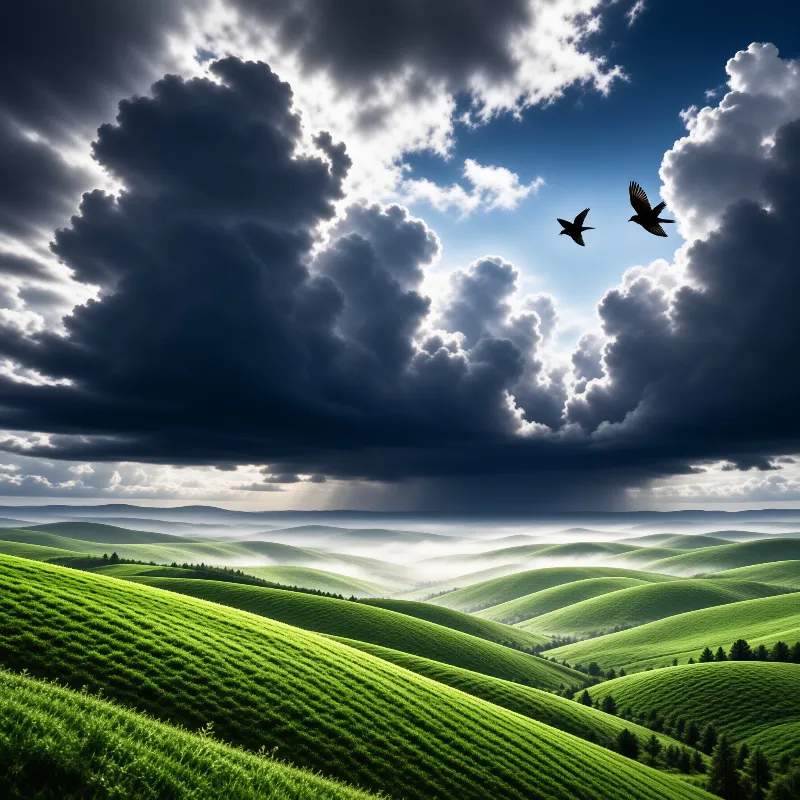 Bright emerald hills roll under a dramatic sky, where shafts of sunlight break through dark storm clouds over the valleys.