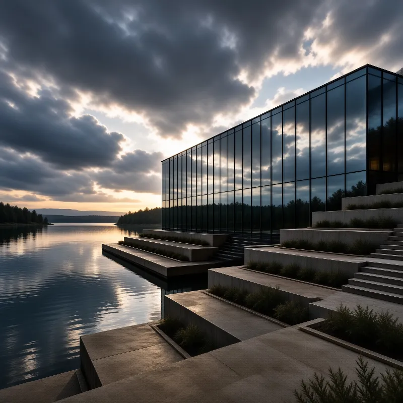 A sleek glass building rests on tiered stone platforms beside a calm lake under dramatic clouds.