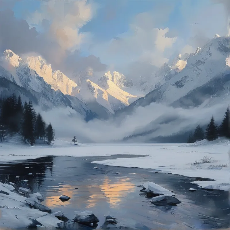 Sunlit snowcapped mountain ridges rise above a calm icy lake with dark pine trees on the snowy shores.
