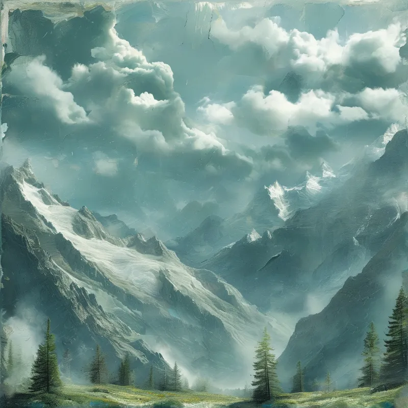 Painterly alpine terrain featuring snow-covered peaks and coniferous trees in a foggy valley below thick clouds.