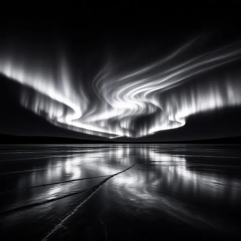 A black and white image shows a bright swirling aurora borealis arching over a dark frozen lake with reflections on the ice.