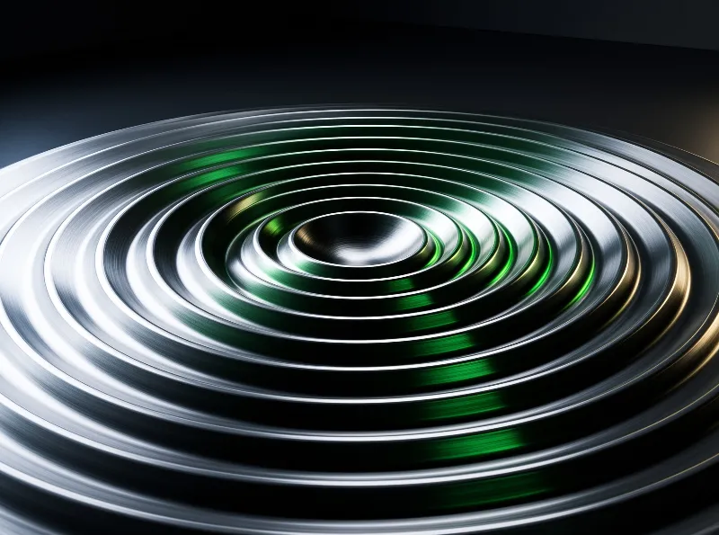A spinning vinyl record shows concentric circles reflecting green light against a dark background.