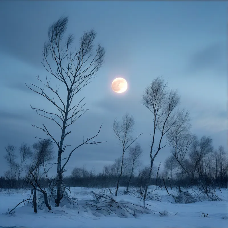 Bare winter trees stand in a snowy field while a bright full moon hangs in the blue twilight sky.