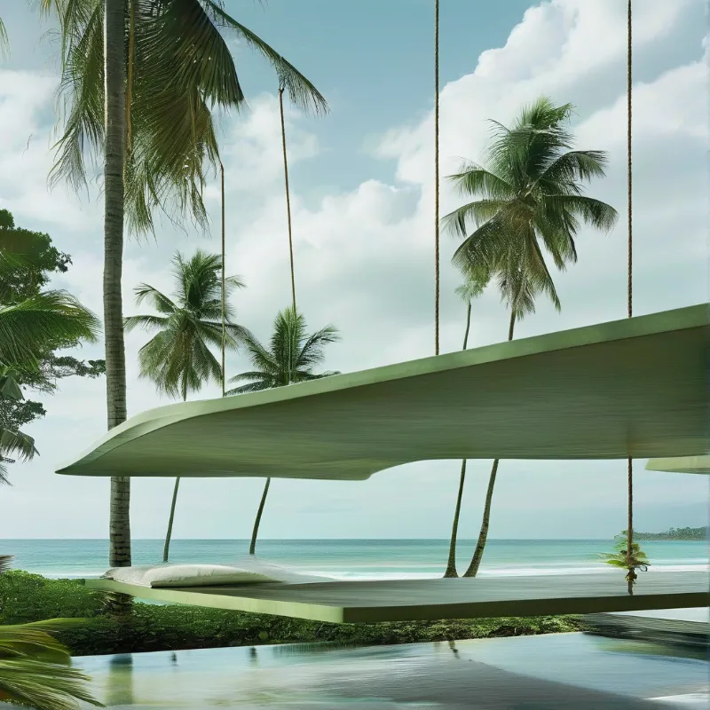 A large curved white structure hangs above lush greenery with coconut palms and a clear turquoise sea horizon.