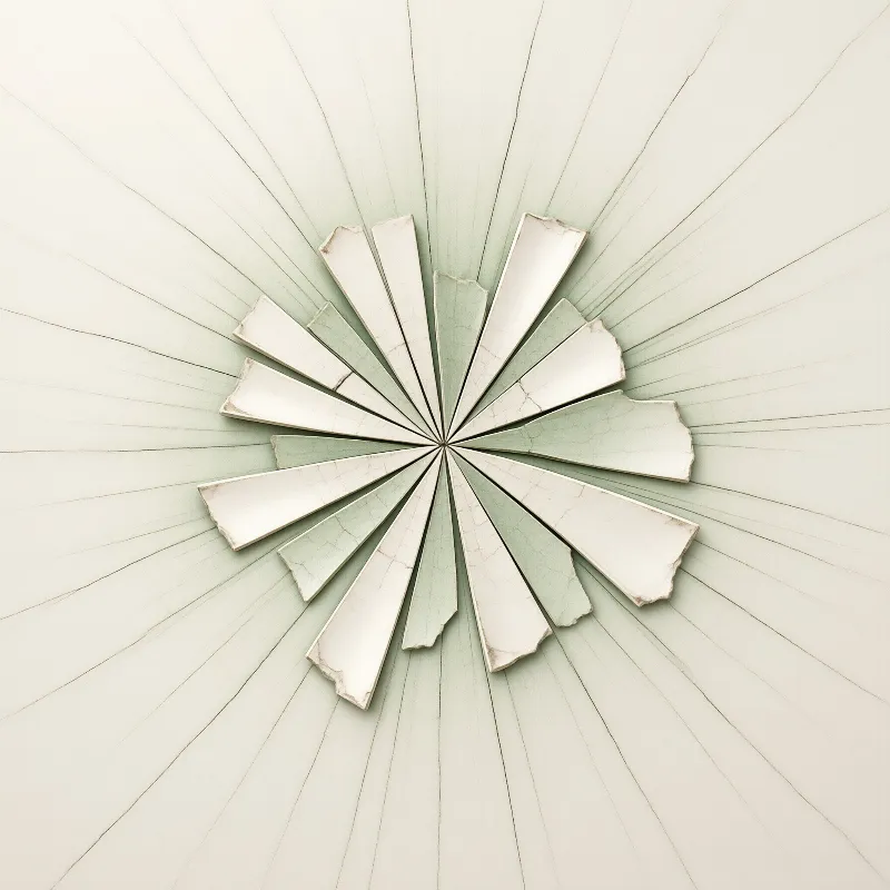 White ceramic plate fragments arranged radially on a pale mint green surface creating a starburst effect.