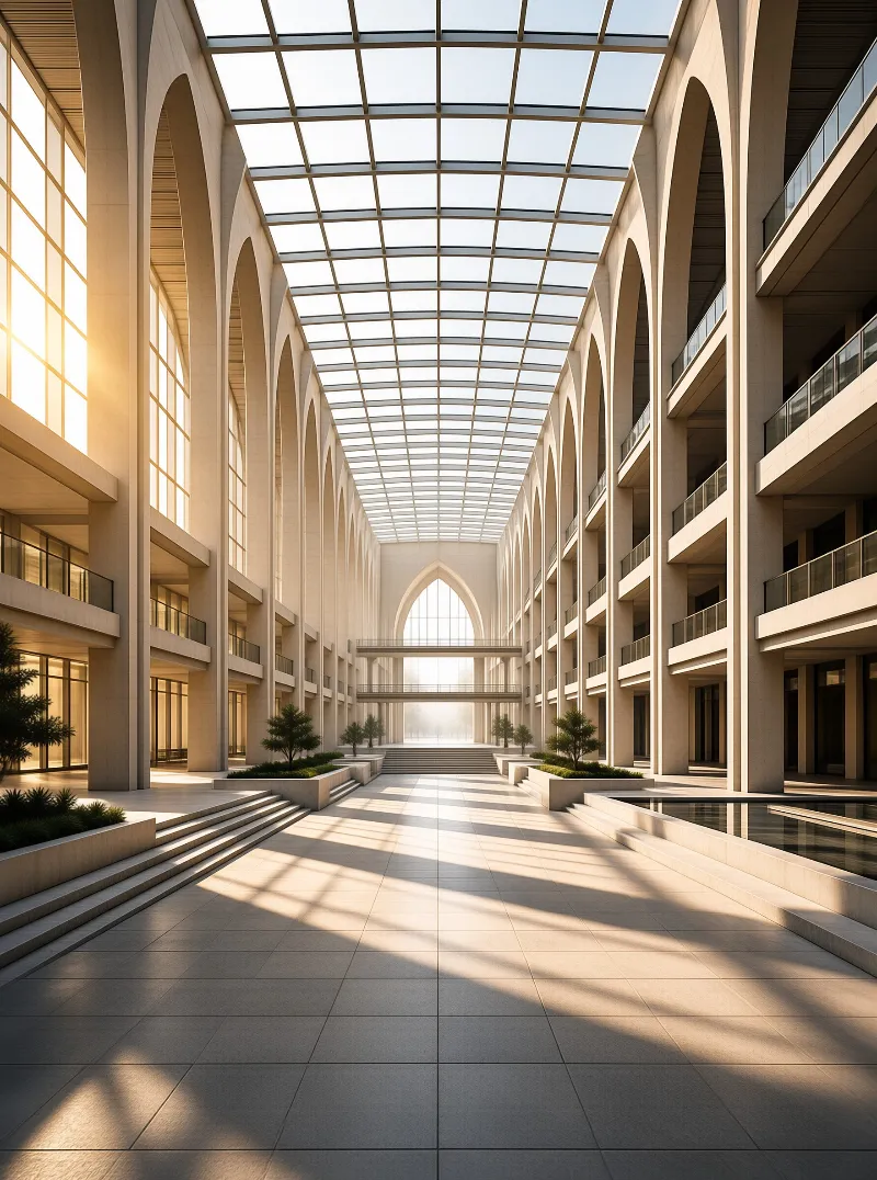Symmetrical building interior with tall arches and a grid skylight casting shadows on the stone floor.