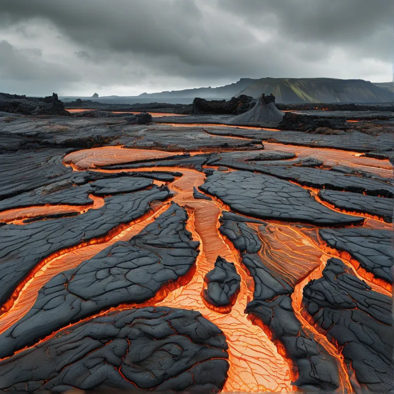 Bright orange lava streams wind through a field of dark cooled rock under a cloudy sky.