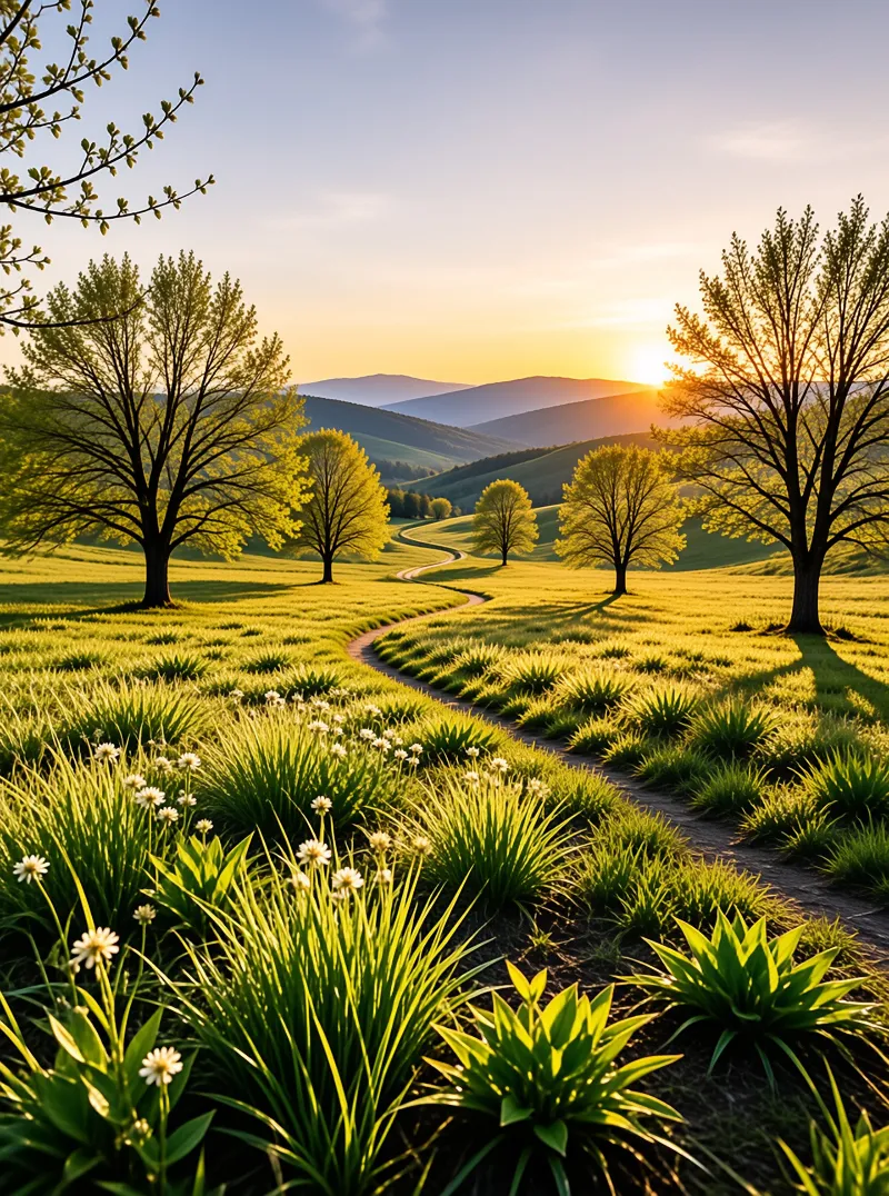 A sunlit meadow with a curving trail leading past scattered trees toward distant mountains under a clear sky.