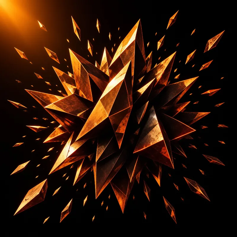 Faceted amber fragments burst outward from a central point while glowing warmly against a deep dark backdrop.