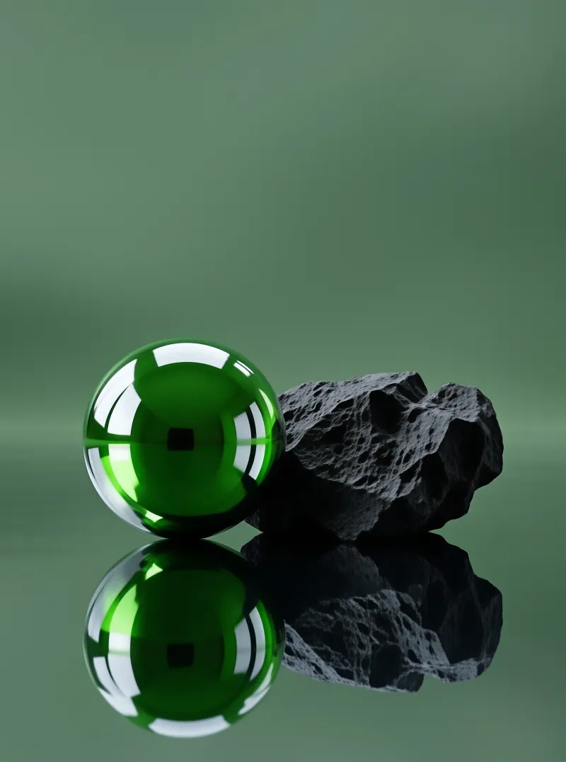 A glossy green sphere sits next to a porous black rock on a reflective green surface forming a mirrored reflection.
