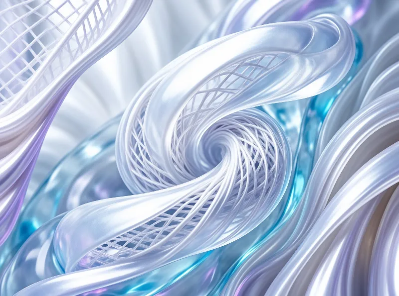 Smooth silver and blue structures spiral across the frame while a wireframe grid reveals itself beneath the glossy surface creating a sense of fluid motion.