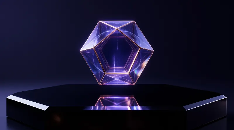 A glowing purple crystal prism sits on a black reflective platform with blue lighting.