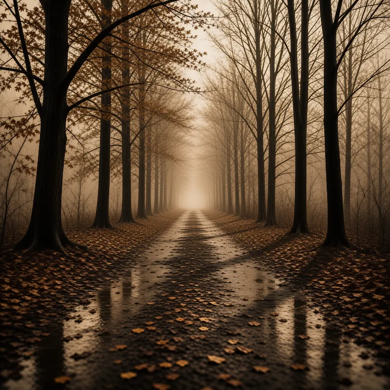 A straight wet path covered in fallen leaves leads through a forest of tall bare trees into a bright misty center