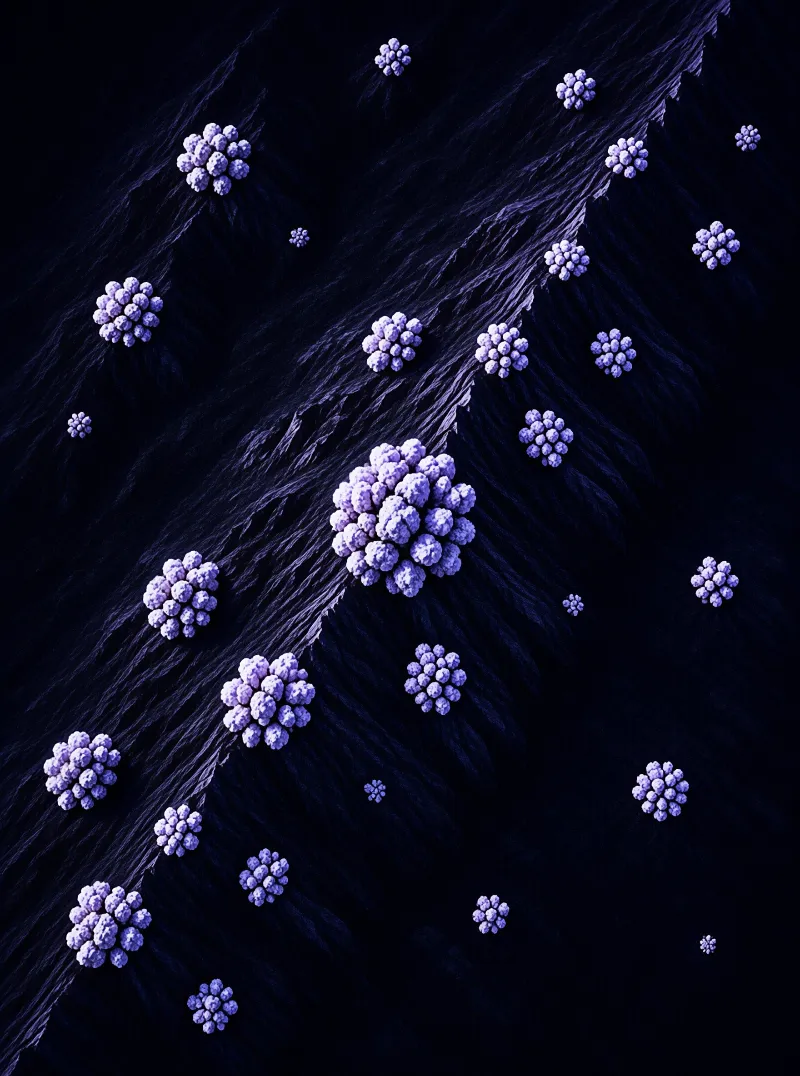 Purple spherical clusters of microscopic organisms scattered across a dark, striated biological tissue background.