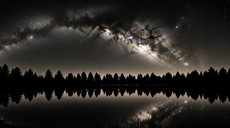 A starry night sky with the Milky Way arches above a dark treeline mirrored in calm water.