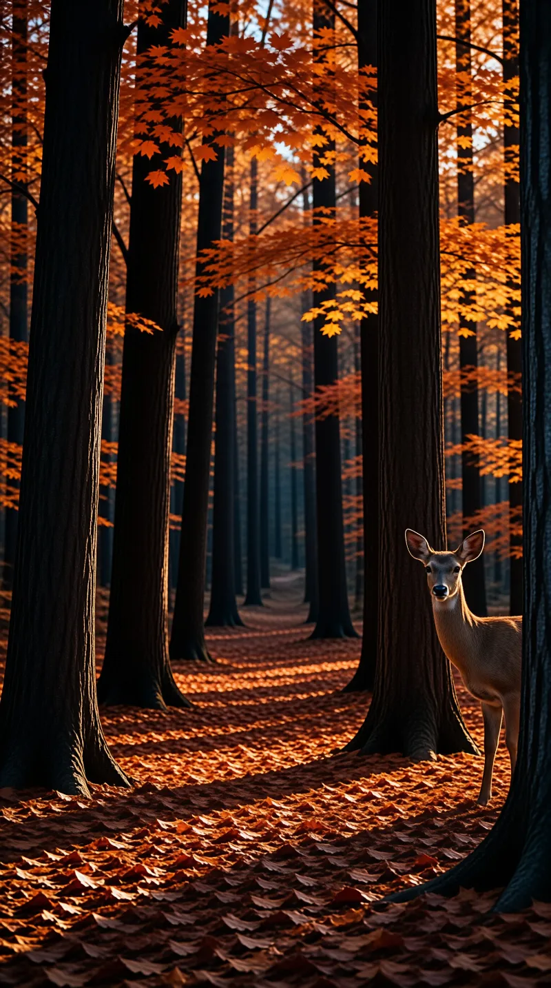 A deer peers out from behind a large tree trunk in a dense forest where golden light illuminates orange leaves.