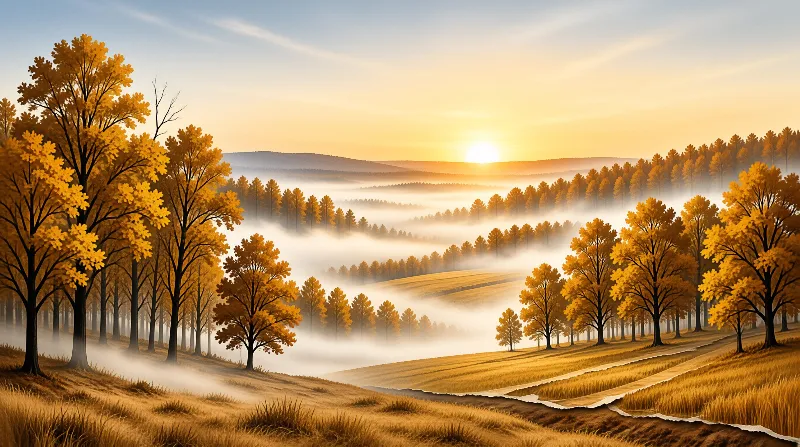 Tall yellow trees stand in rows along a misty valley floor while the sun rises above distant mountains glowing warmly.