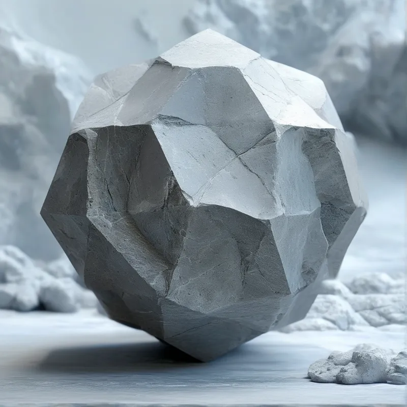 A large grey polyhedral object rests on a snowy surface surrounded by blurred white debris under soft lighting.