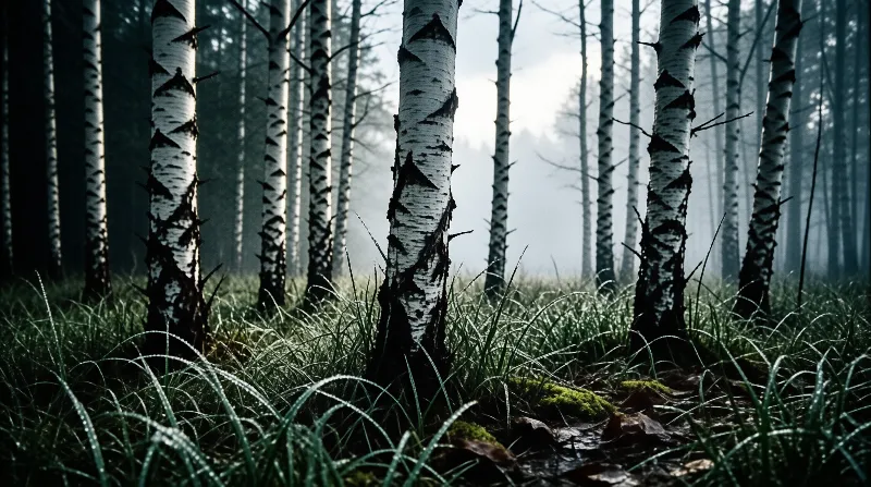 White birch trunks stand above dewy grass blades while cool mist fills the background forest area.