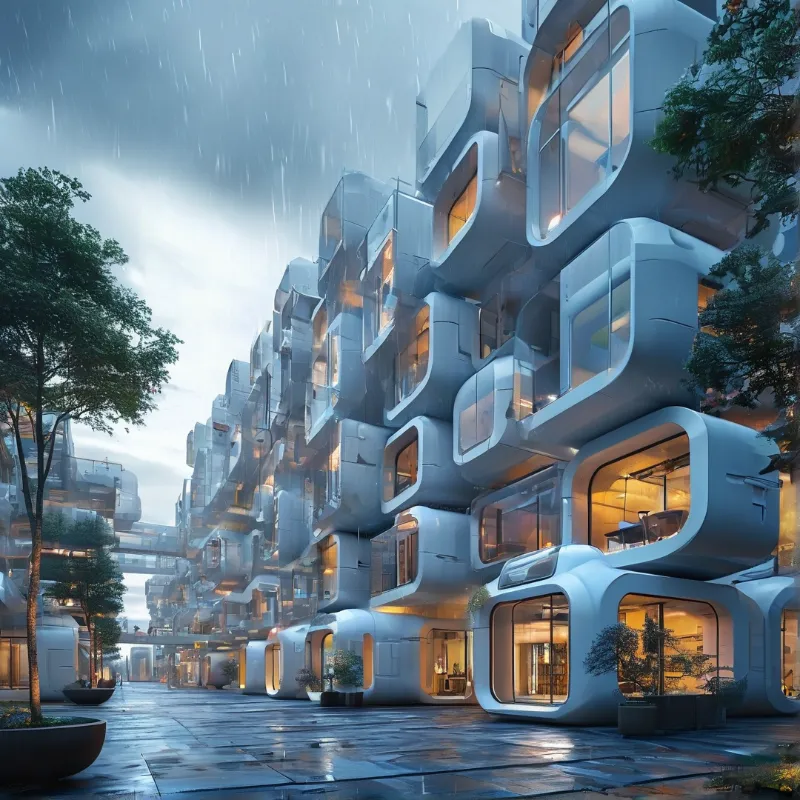 A complex of stacked white residential modules glows from within as rain falls on a wet paved walkway lined with green trees.