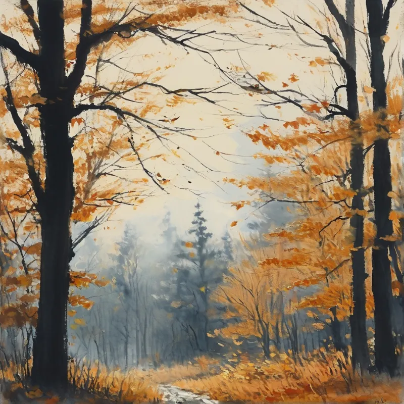 A textured painting of a forest trail flanked by dark trunks and autumn leaves with cool blue mist in the distance.