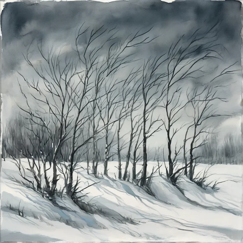 Bare branches rise from a snowy slope beneath a cloudy grey sky.