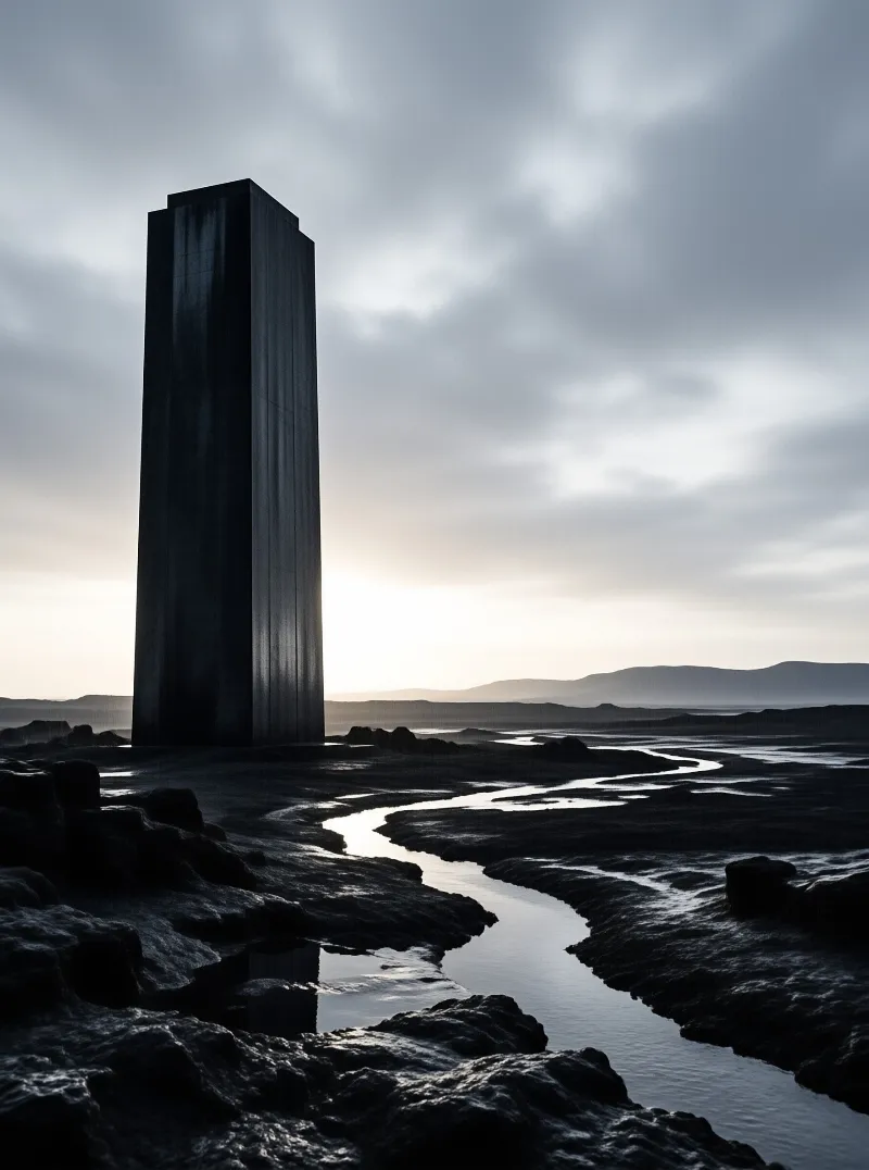 Tall dark rectangular structure standing alone in barren rocky landscape with winding stream reflecting overcast sky