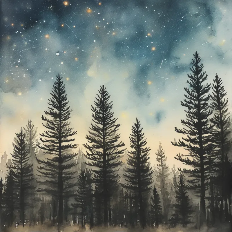 Tall evergreen trees stand against a glowing horizon while meteors streak across the deep blue upper sky.