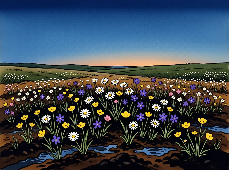 Colorful assorted wildflowers fill a damp open field, as a warm orange horizon glows below a deep blue dusk sky.