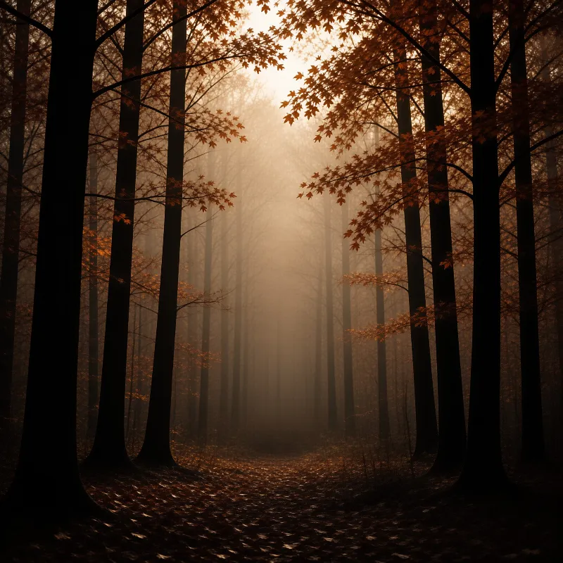 Dark trees line a leaf-covered path while sunlight filters through the fog creating a warm orange glow in the autumn forest.