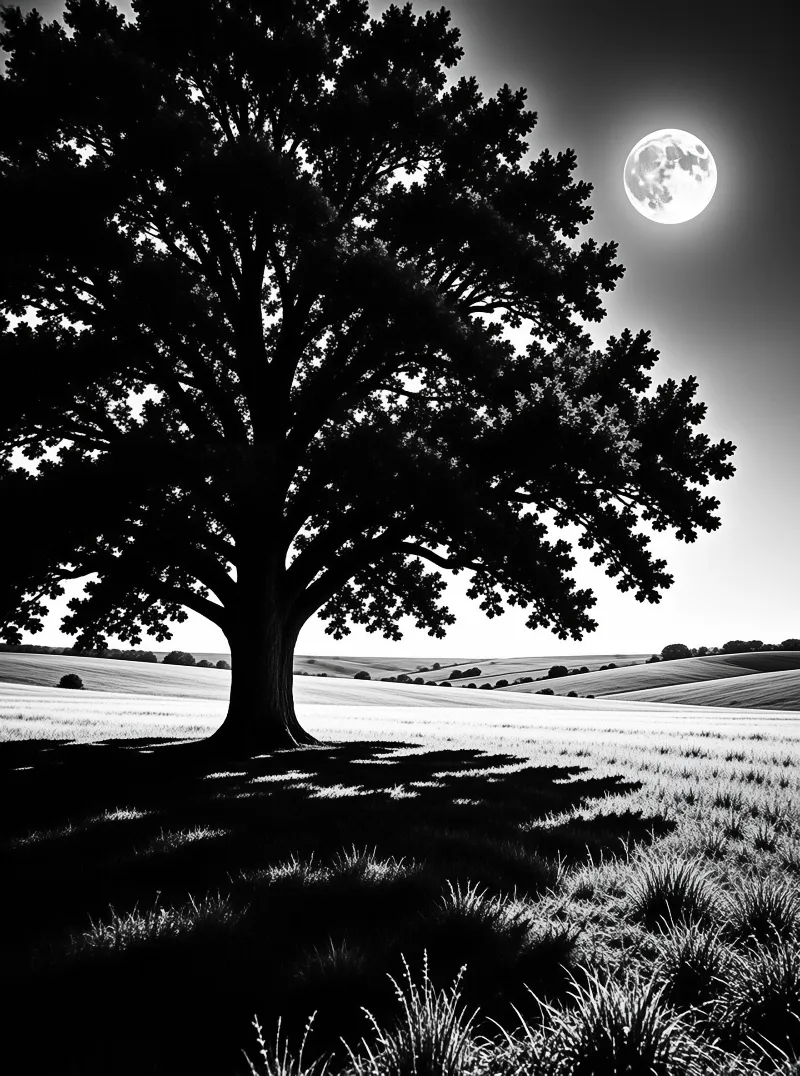 A large tree stands silhouetted in a grassy field under a bright full moon in this black and white landscape.