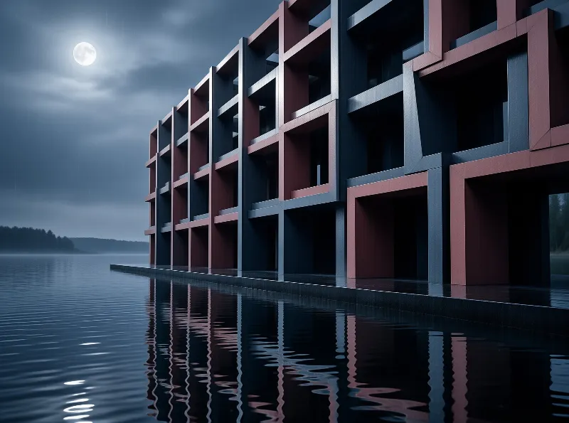 A geometric building with red and blue panels stands on a calm lake reflecting the full moon in the night sky.