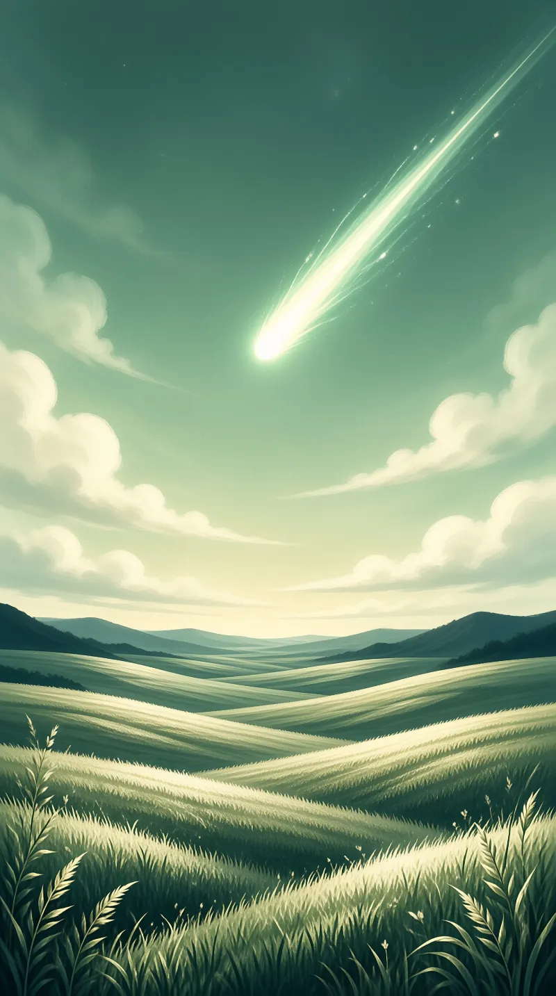 A bright meteor trails through a teal atmosphere above expansive grassy fields and distant mountains.
