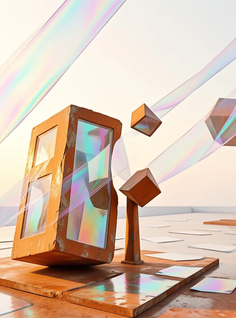 Rusty structure with holographic panels on a flat surface intersected by flowing rainbow ribbons in a minimal space.