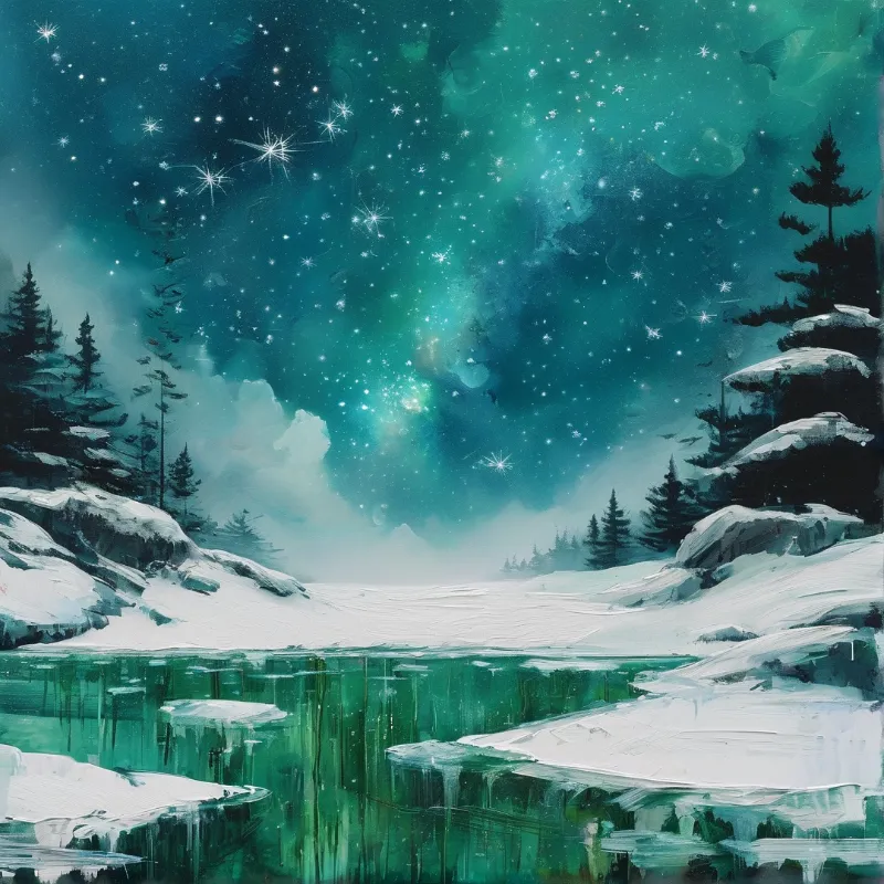Green northern lights sparkle over a snowy winter lake framed by dark pine trees and icy rocks