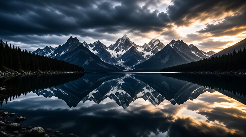 Mountain range with snow on peaks surrounded by dark evergreen forest and calm water reflecting golden light.