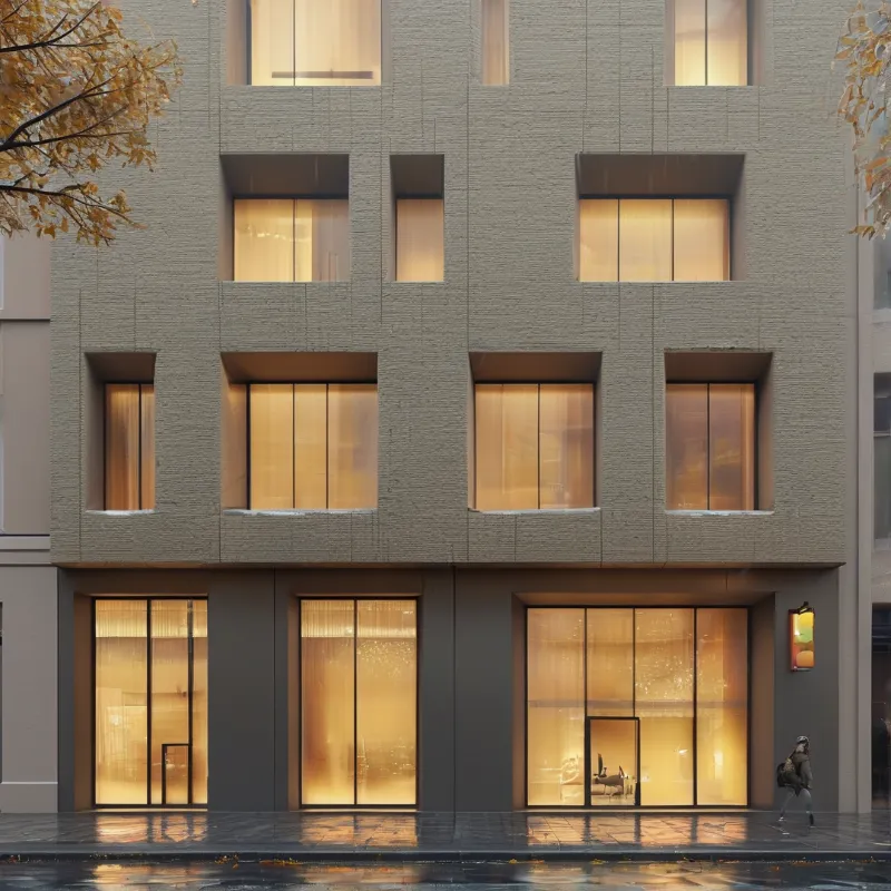Tall windows shine with warm light across a stone facade above a wet street mirroring the rainy evening