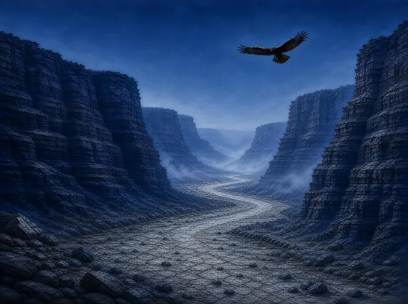 A vulture glides over a deep canyon with a winding dry riverbed under a misty blue sky