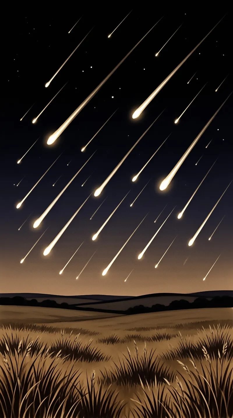 Numerous bright meteors trail diagonally downward across a dark starry sky while silhouetted rolling hills and tall grass occupy the foreground in warm sepia tones.