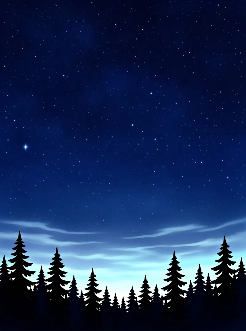 Dark coniferous trees stand in silhouette against a vast deep blue sky filled with bright stars and thin clouds.