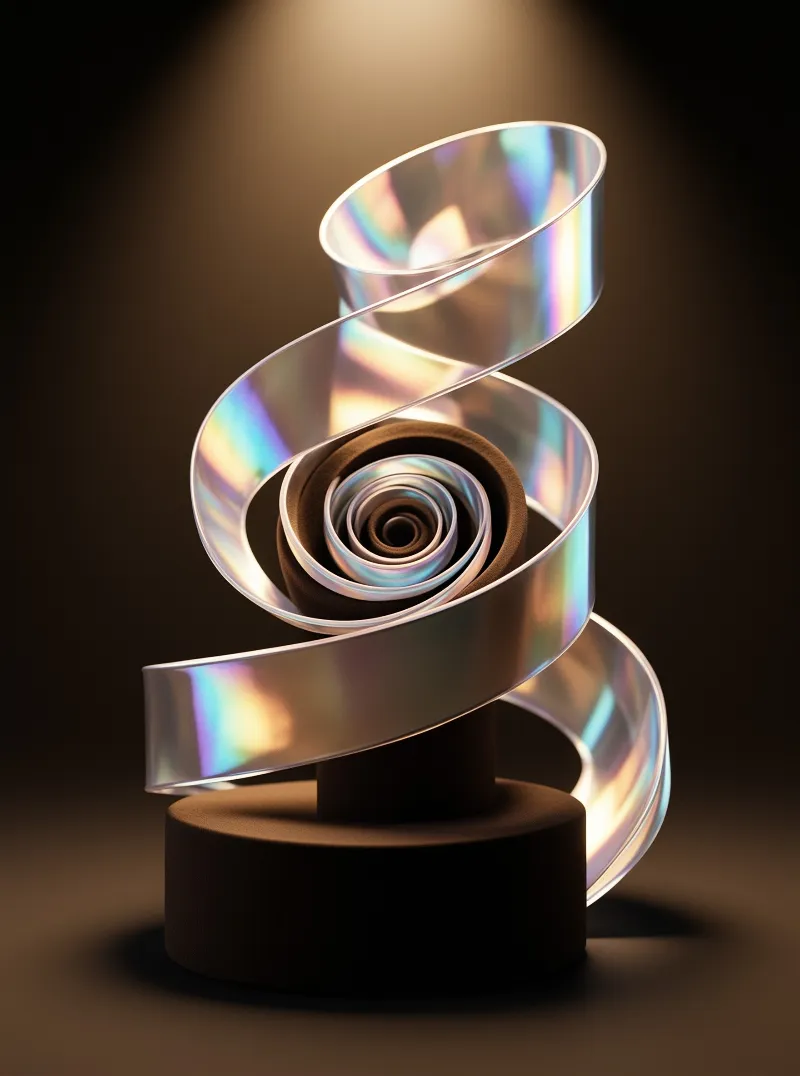 A translucent spiral band coils around a matte pedestal, catching pink and blue light under one spotlight.