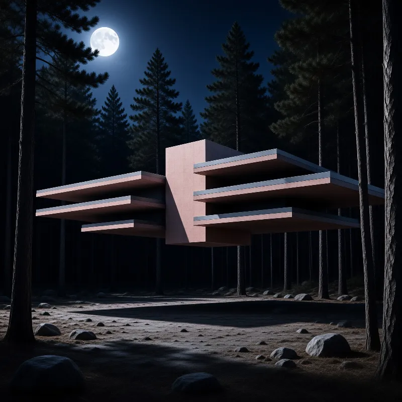 A pink structure floats above a forest clearing at night beneath a bright full moon casting long shadows across the ground.