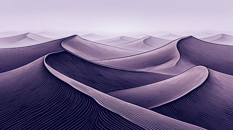 Abstract purple waves resembling sand dunes rise and fall across the frame with fine line textures fading into a pale sky.