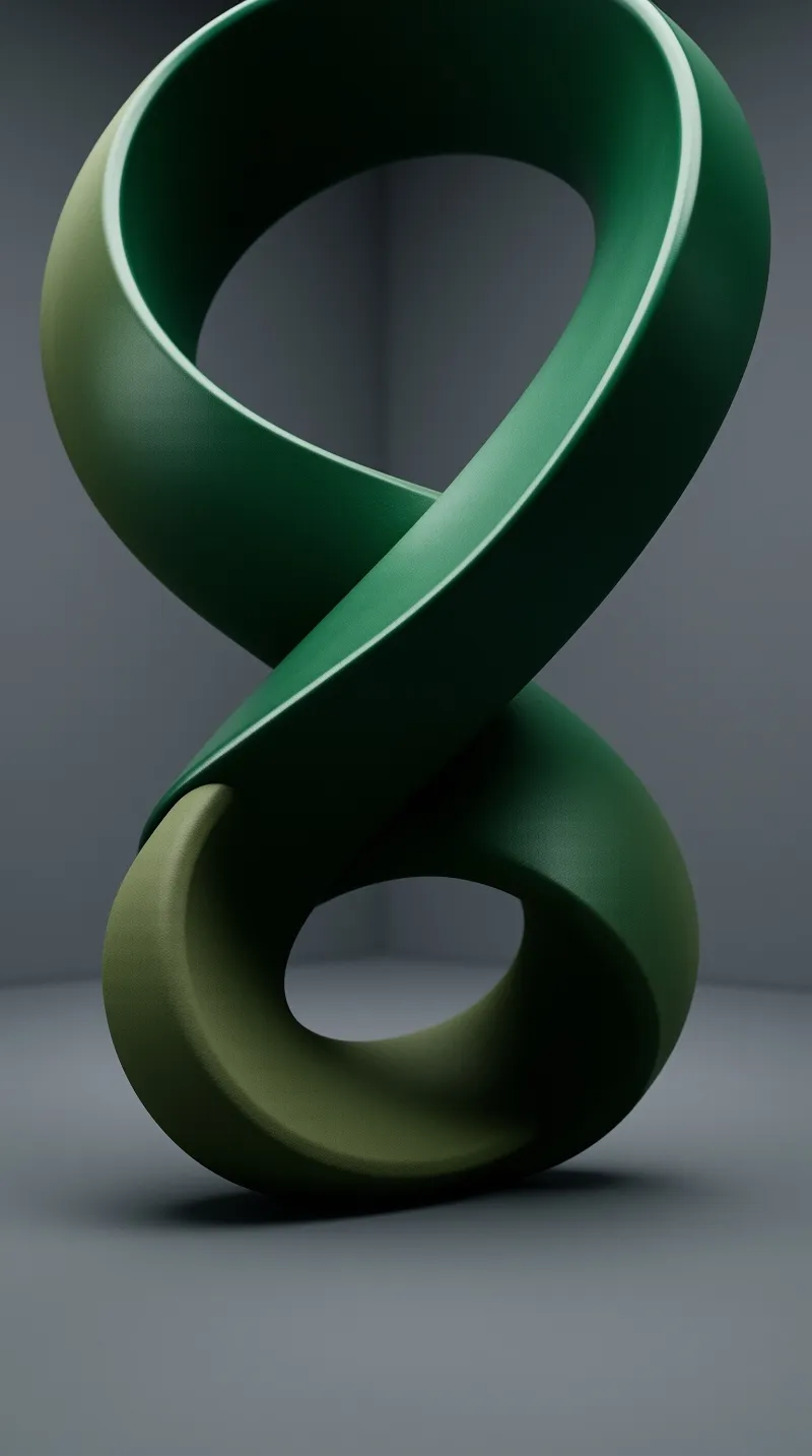 A wide matte emerald band twists into two stacked loops inside a softly lit neutral corner.