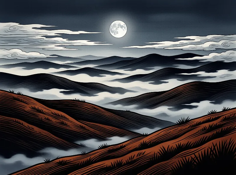 A stylized illustration of rolling red hills in the foreground and layered blue mountains in the distance under a night sky with a full moon.