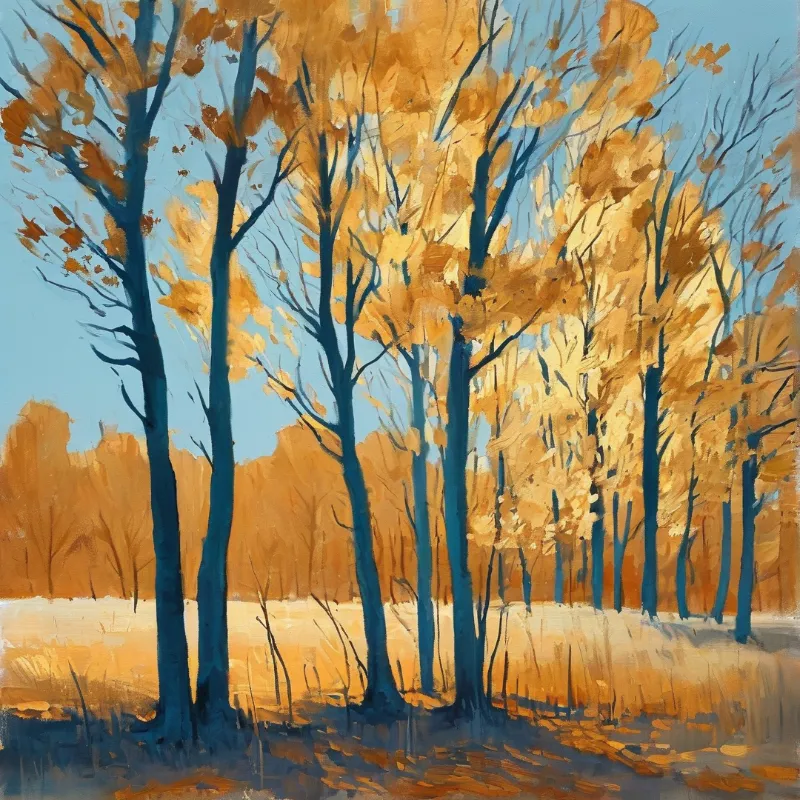 Thick brushstrokes build a stand of amber autumn trees with slender teal trunks in front of a light blue sky.