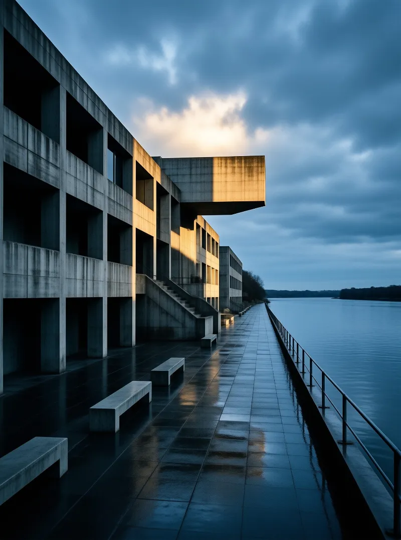 A modern concrete structure stands beside a calm river under a moody sky with wet pavement reflecting its geometric form.