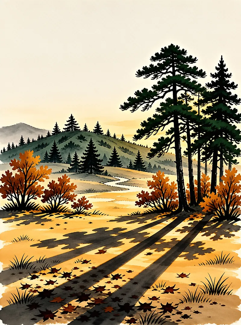 A stylized landscape showing a winding river cutting through golden grass and tall pine trees with distant forested hills.